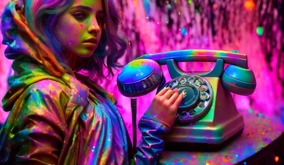 Vibrant holographic jacket woman with vintage telephone in colorful lighting