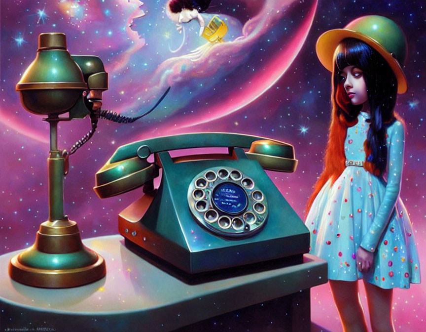 Surreal artwork of girl in polka dot dress with hat next to vintage telephone and lamp