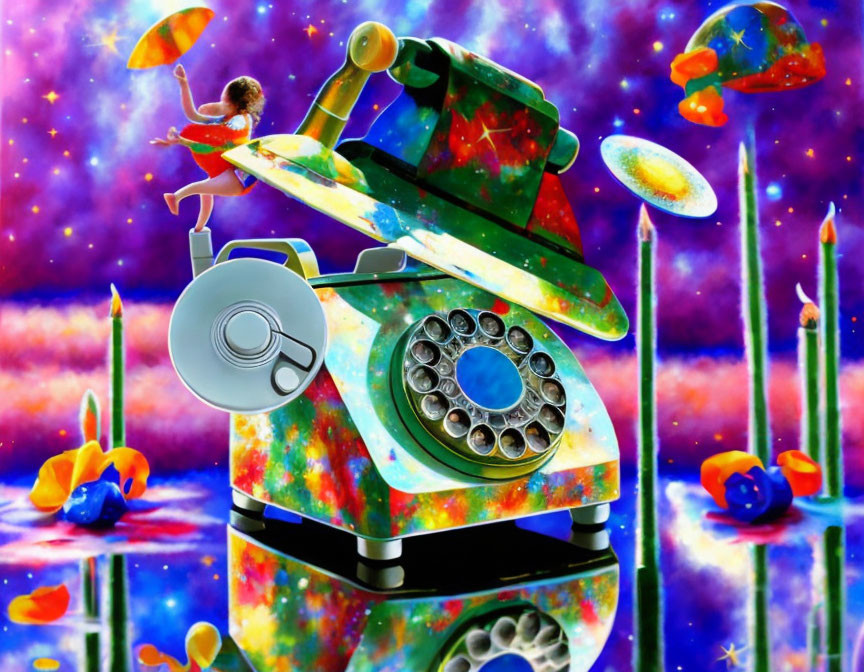 Colorful Cosmic-Themed Surreal Artwork with Galaxy Rotary Phone