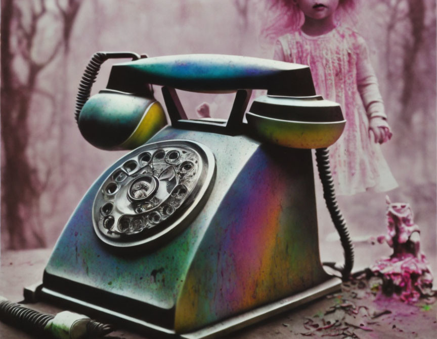 Vintage Rotary Phone with Iridescent Sheen and Blurred Child in Surreal Setting