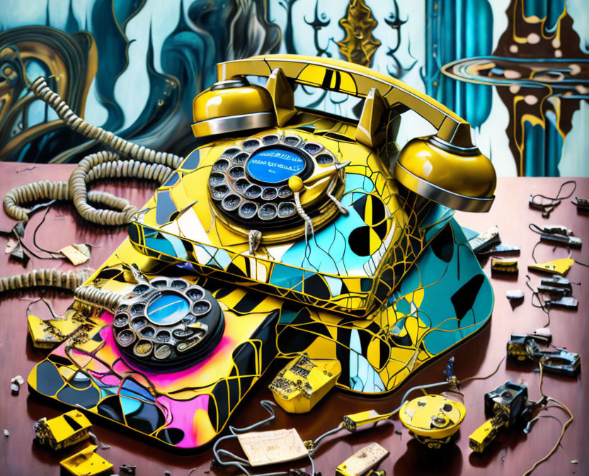 Colorful abstract rotary phone sculpture with dismantled parts on surreal backdrop