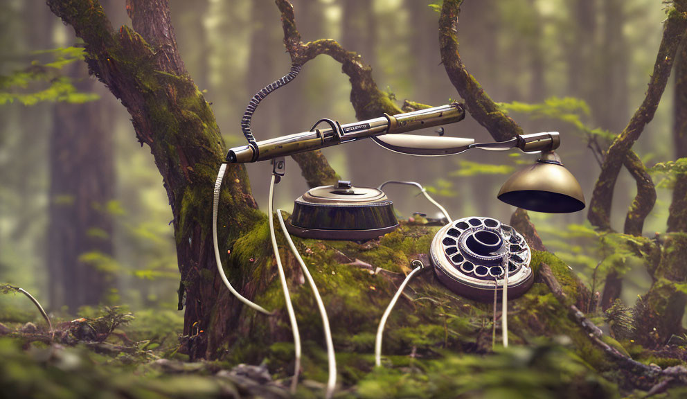 Vintage rotary phone and lamp with limbs in misty forest scene.