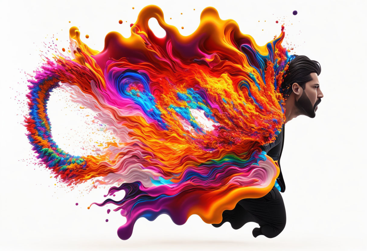 Profile View Digital Artwork: Man with Beard & Colorful Liquid Splash Effects