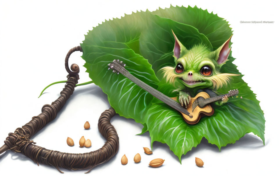 Green creature with guitar on leaf surrounded by vines and seeds
