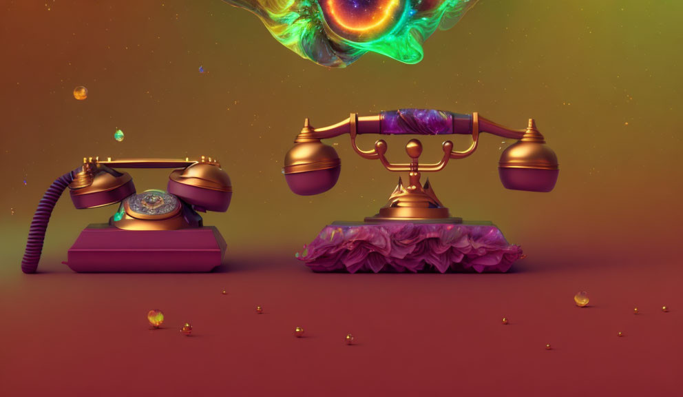 Vintage telephone with cosmic element on warm-toned backdrop and gemstones