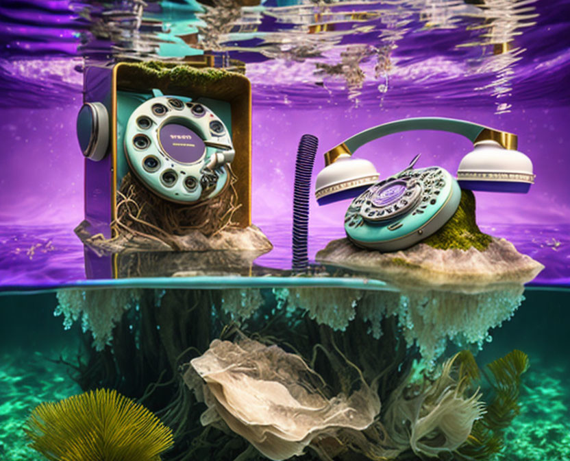 Surreal underwater scene with vintage rotary phones as creatures among coral and marine life in mystical purple hue