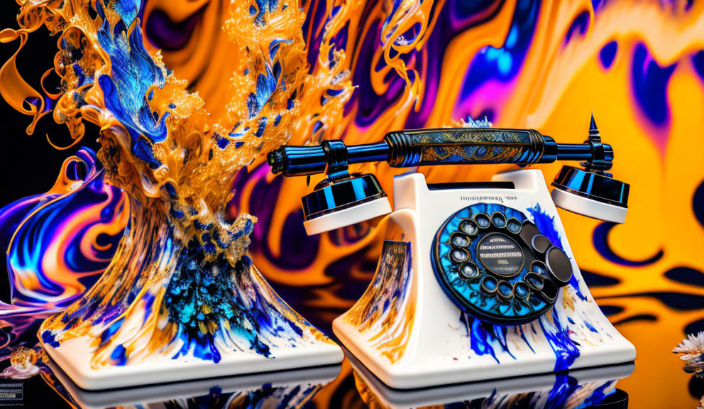 Vibrant vintage rotary telephone with liquid art eruption on psychedelic background