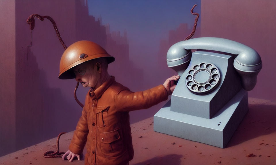 Surreal artwork: person with elongated arm, old-fashioned telephone, desert setting, coils.