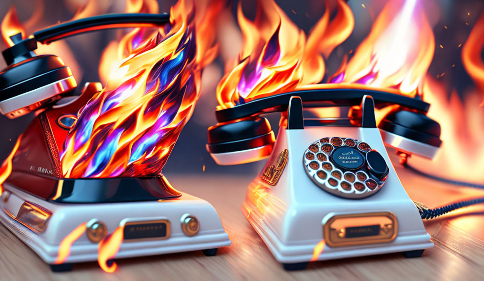 Vintage telephones on wooden surface with one on fire and the other with fiery backdrop