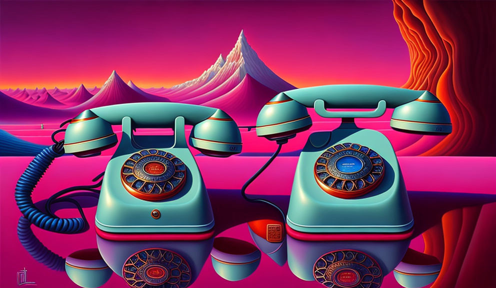 Vintage Rotary Telephones in Turquoise and Blue Colors with Surreal Pink and Purple Landscape