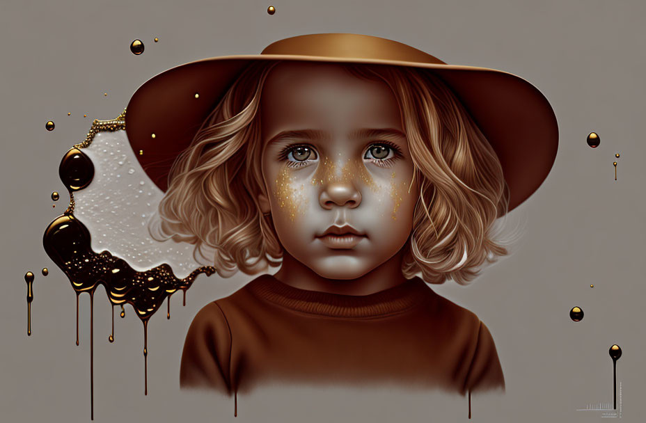 Young child with curly hair in hat, gold freckles, liquid gold drips portrait
