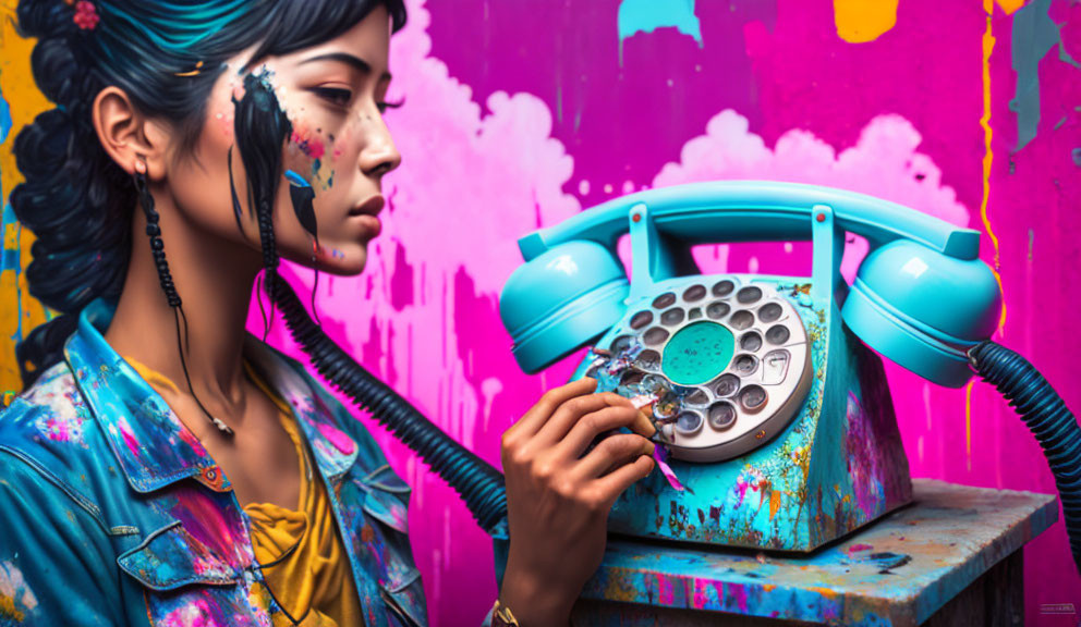 Woman with Blue Streak Hair Holding Vintage Turquoise Phone on Graffiti Background