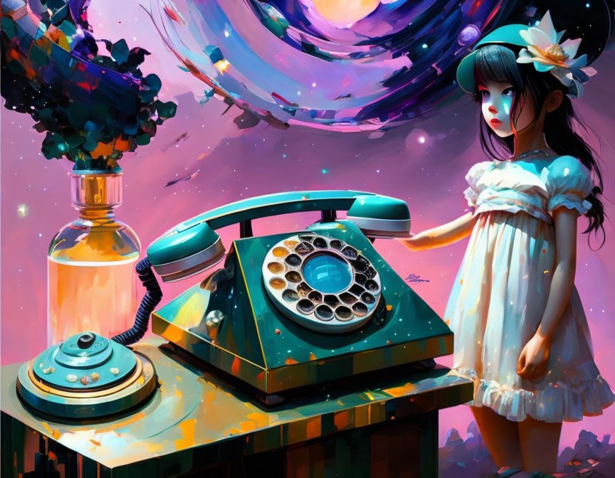 Young girl with flower in hair next to telephone and potion bottle in cosmic scene