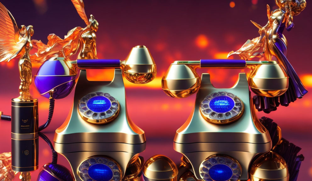 Vintage Ornate Telephones with Angelic Figurines on Fiery Background
