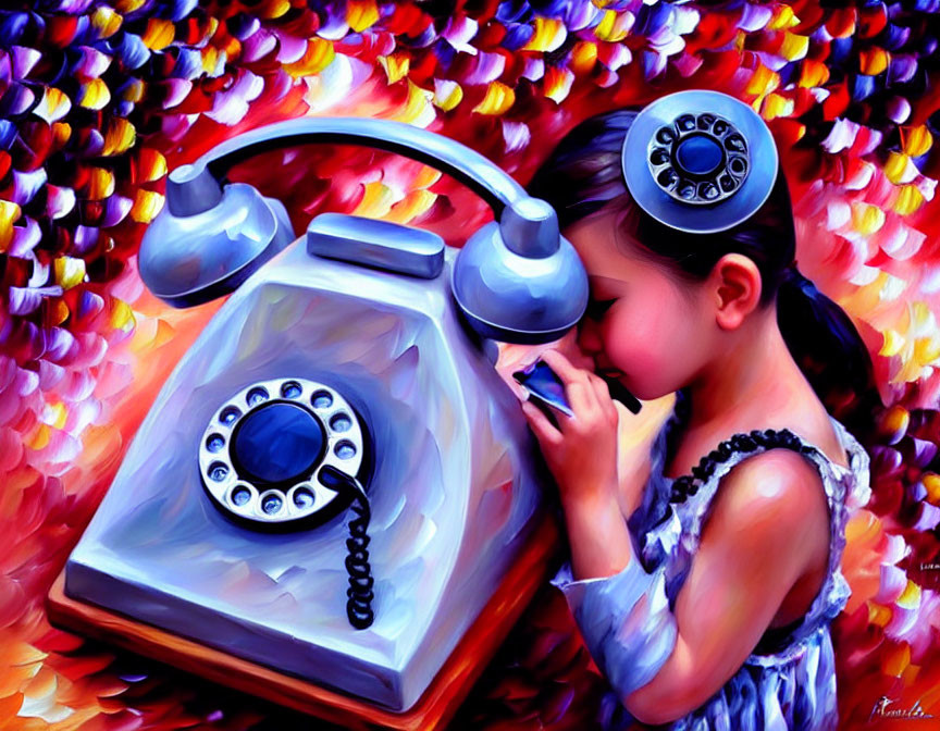 Child exploring rotary dial of vintage telephone in colorful setting