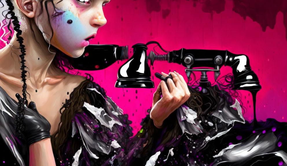 Digital artwork of woman with smeared makeup holding telephone