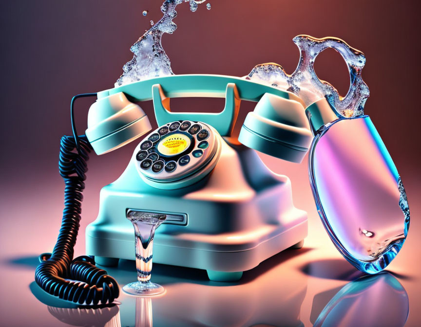 Vintage Rotary Phone with Water Splashing on Gradient Background