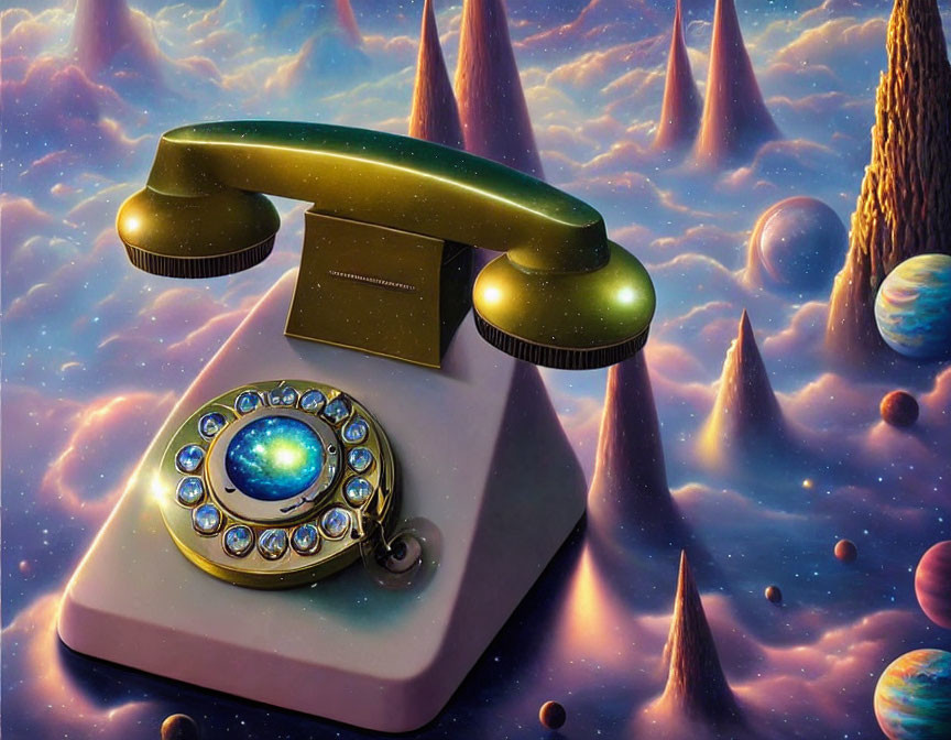 Vintage Rotary Dial Telephone on Surrealist Landscape with Pointed Mountains and Planets
