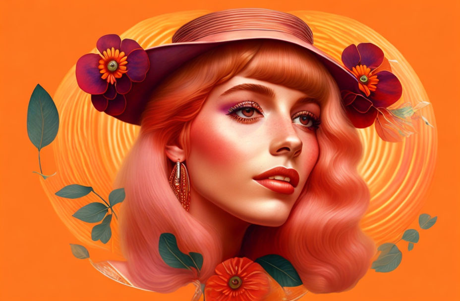 Woman with Pink Hair and Flower Hat on Orange Background