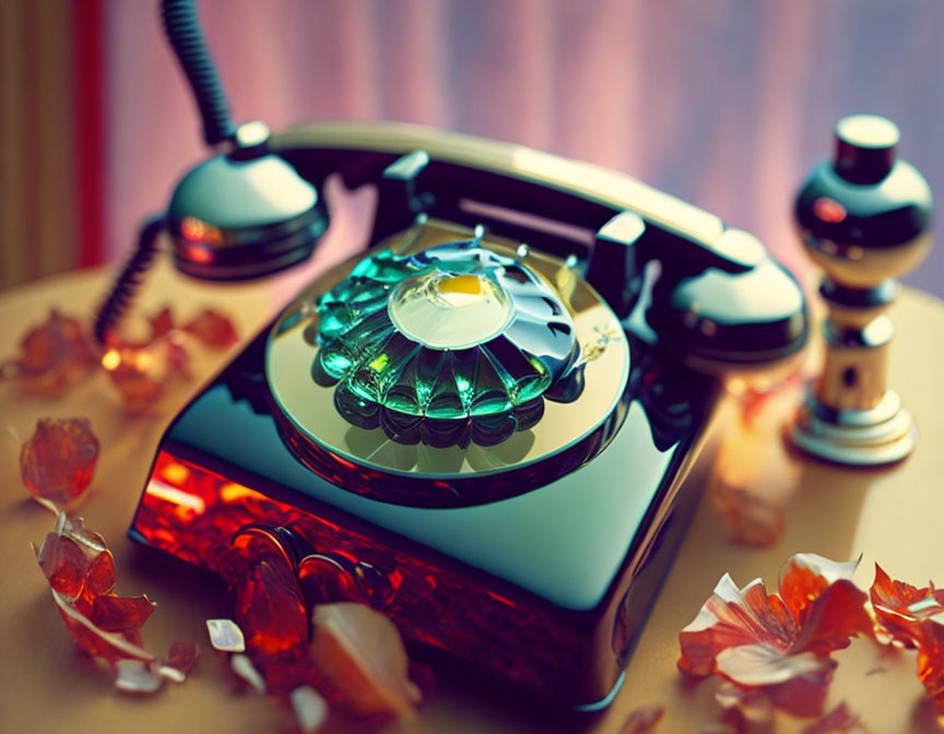 Vintage Amber Rotary Dial Telephone on Table with Soft Lighting and Autumn Leaves