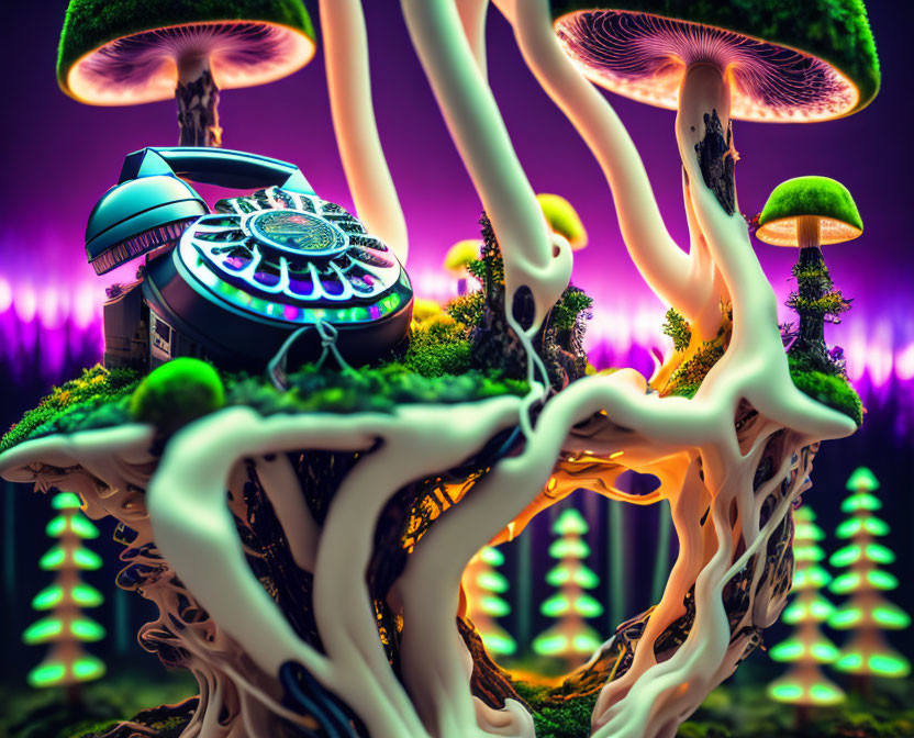 Futuristic turntable on neon-glowing mushrooms in vibrant fantasy forest