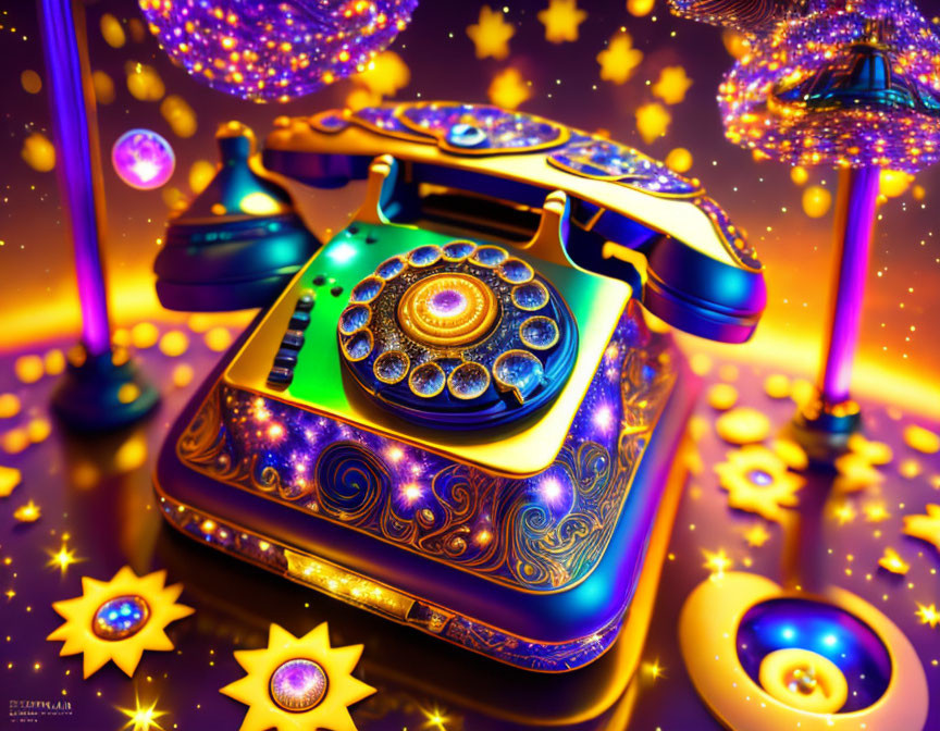 Vintage Rotary Phone with Celestial Decor on Purple Background