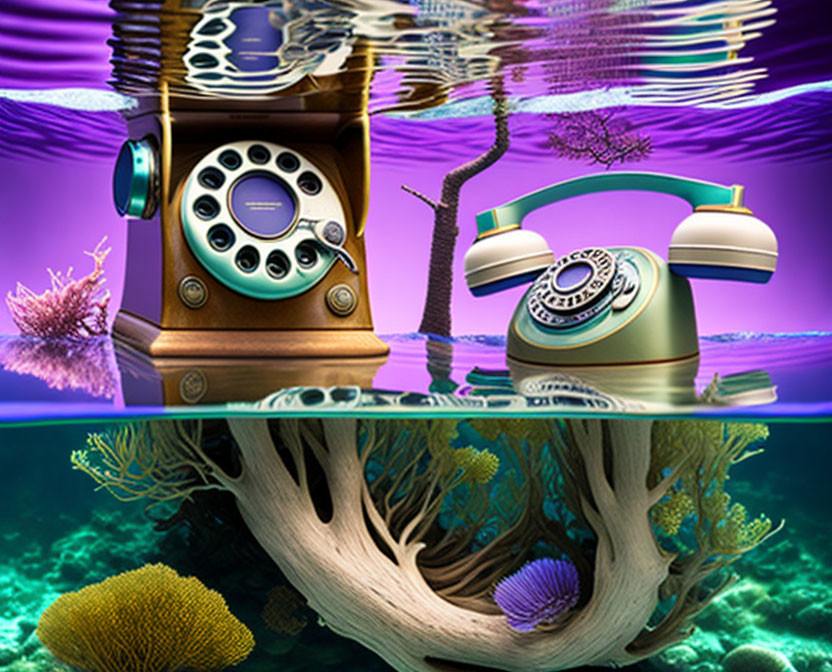Surreal Artwork: Vintage Rotary Telephones in Underwater Coral Scene