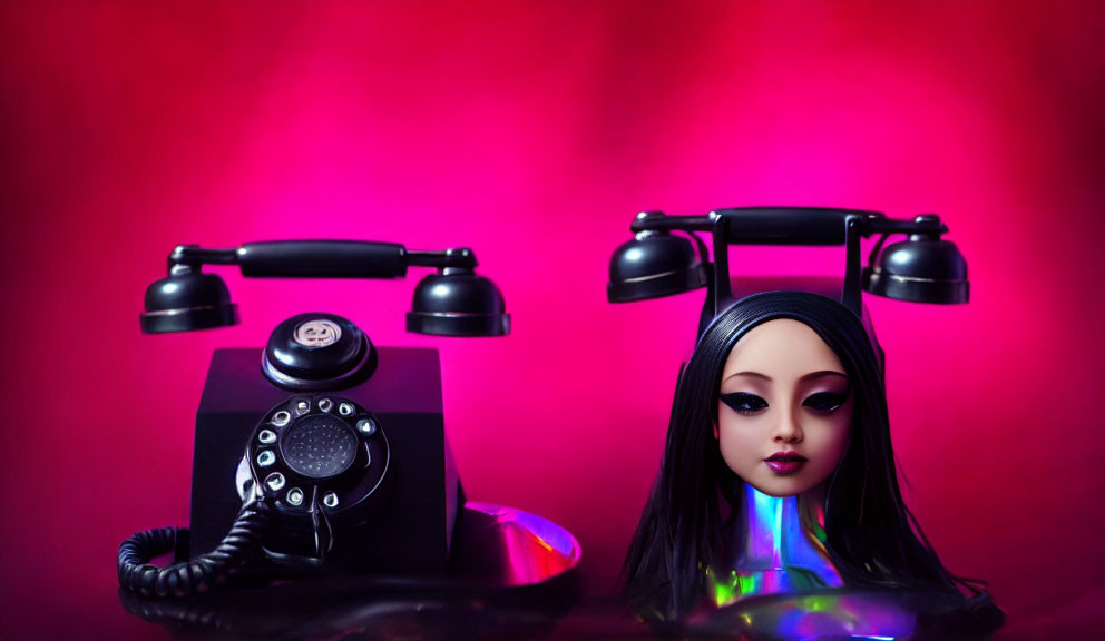 Vintage Black Rotary Phone and Female Doll on Red Background