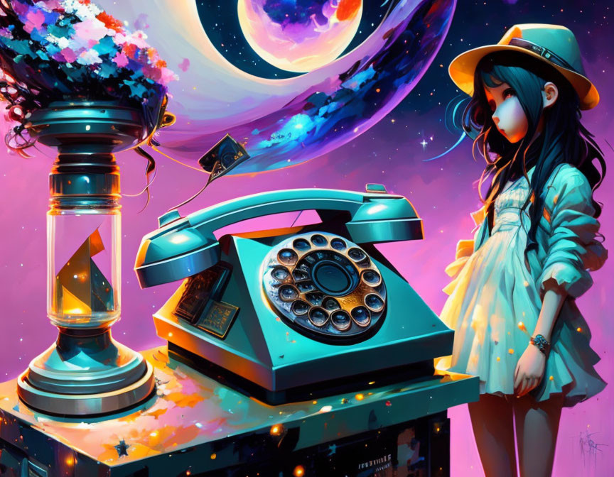 Girl with vintage telephone, hourglass, cosmic imagery, crescent moon, and floating islands.