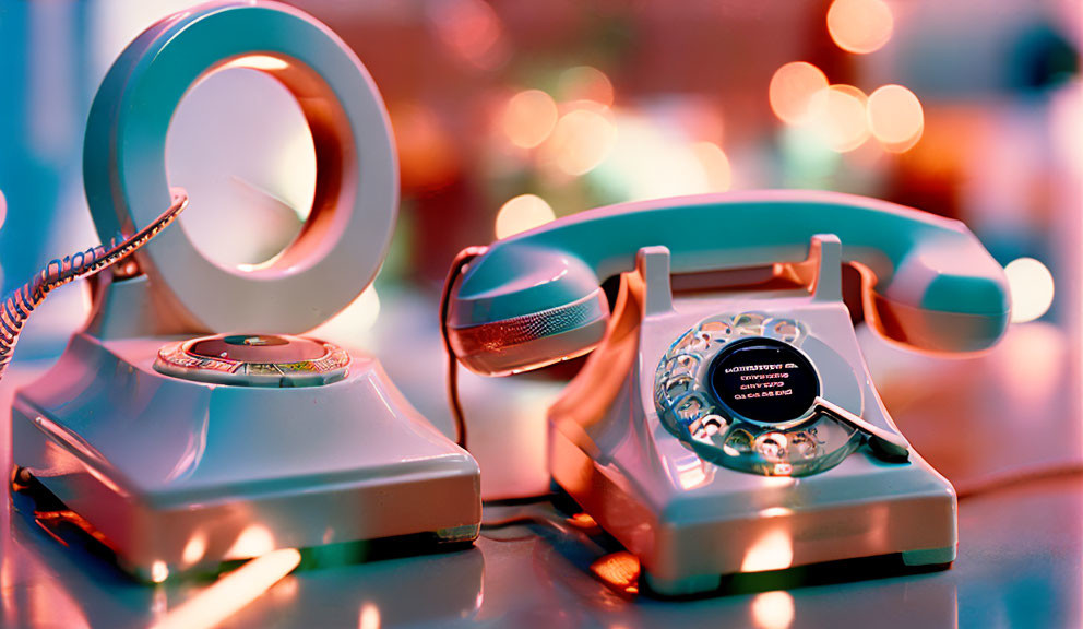 Classic Rotary Dial Telephones with Adhesive Tape on Warm Bokeh Background