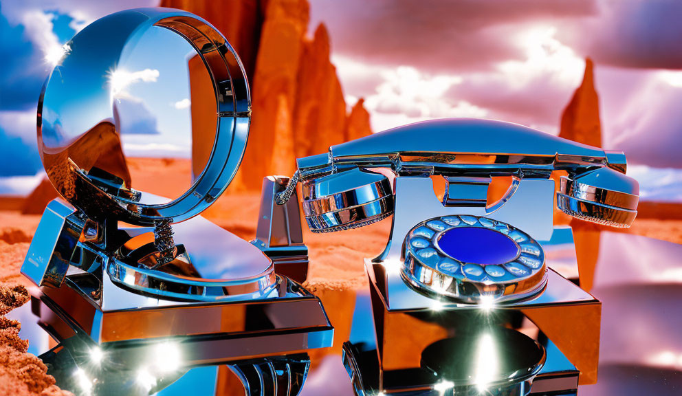 Vintage rotary phone reflecting desert landscape with red rock formations under blue sky.