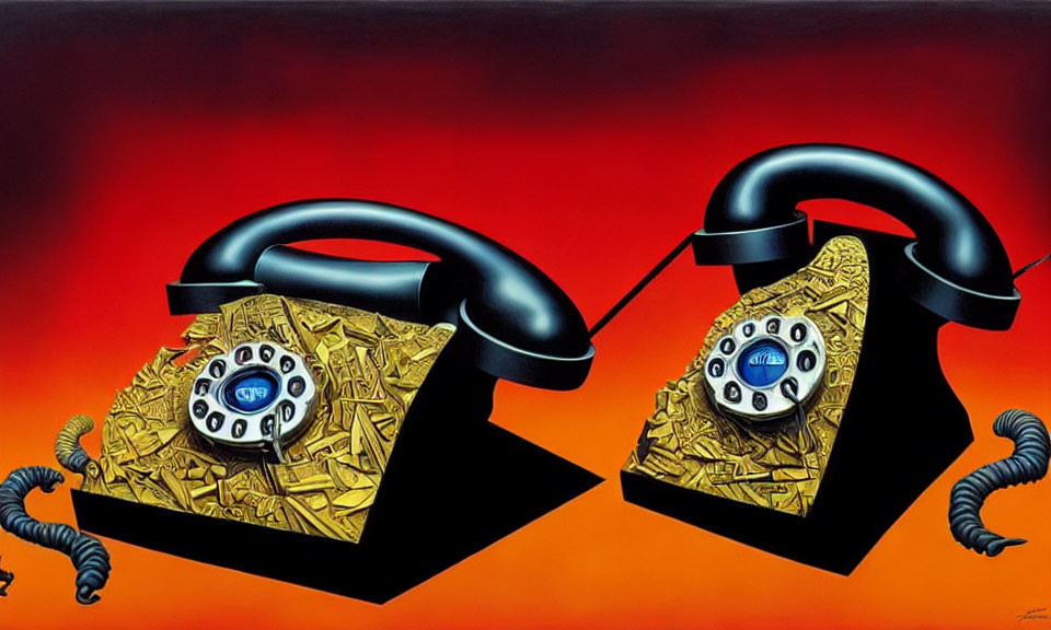 Vintage Telephones Connected with Gold Interiors on Red-Orange Gradient Background