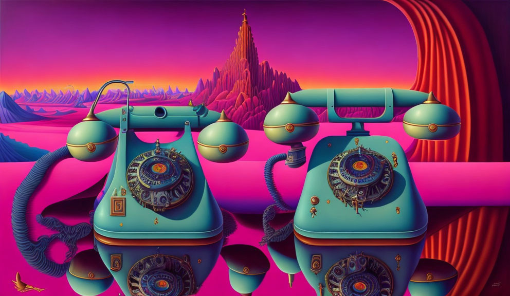 Antique turquoise telephones in surreal landscape with vibrant sky
