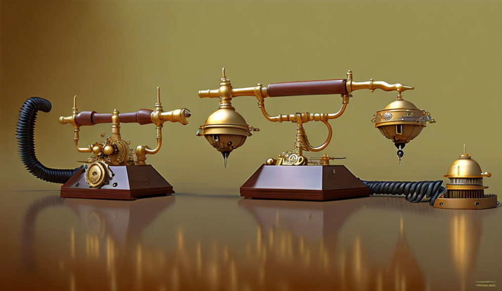 Steampunk-style telephone with brass details on reflective surface