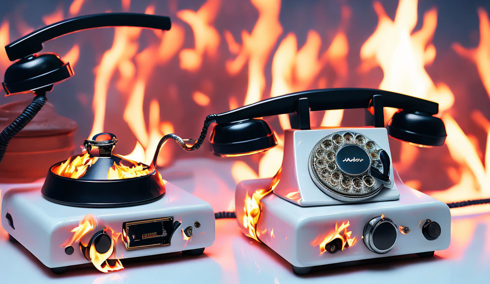 Vintage Telephones Repurposed as Kitchen Appliances with Flames on Cooking Counter