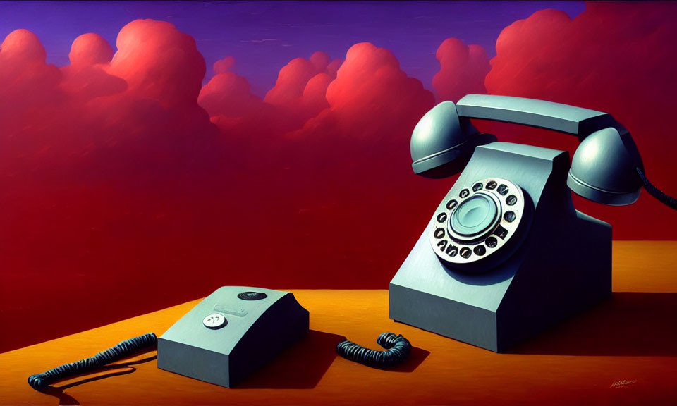 Surreal painting of vintage telephone with elongated cord on purple clouds