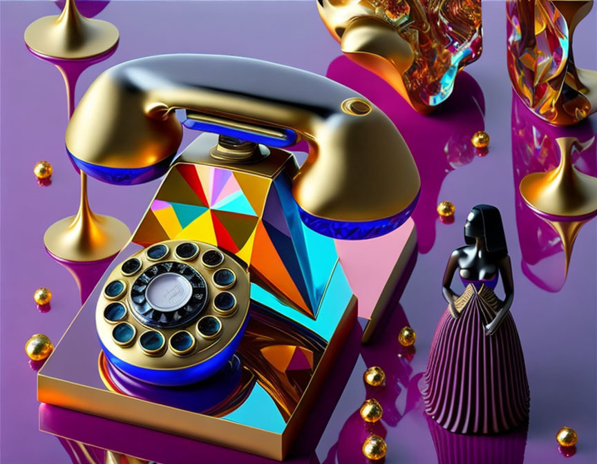 Colorful vintage rotary phone with geometric patterns next to a figurine on reflective purple surface with golden orbs