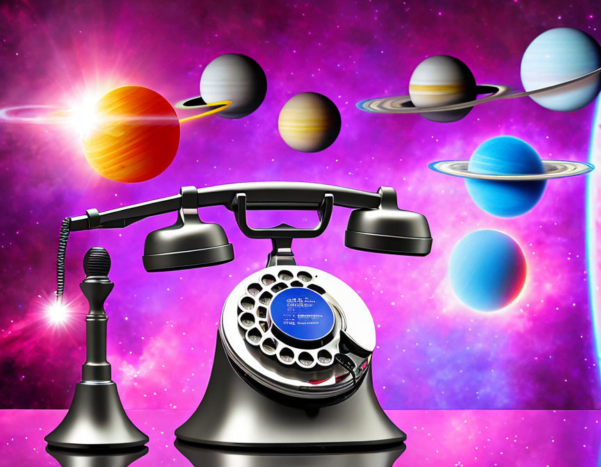 Vintage Black Rotary Telephone on Vibrant Outer Space Background