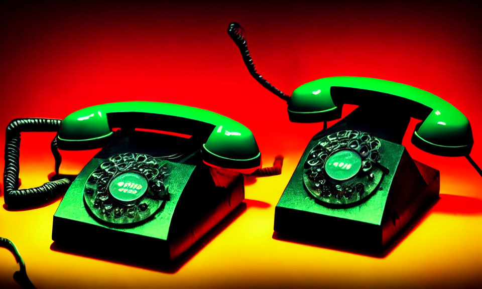 Vintage rotary phones with green handsets under red and yellow lighting casting dramatic shadows.