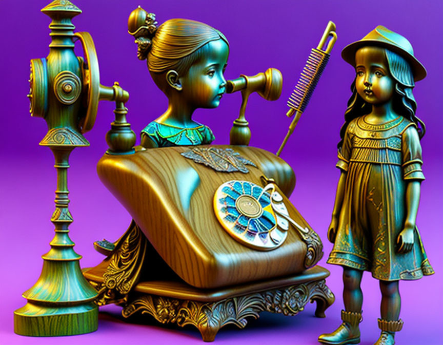 Bronze-like boy and girl figurines with vintage camera on purple background