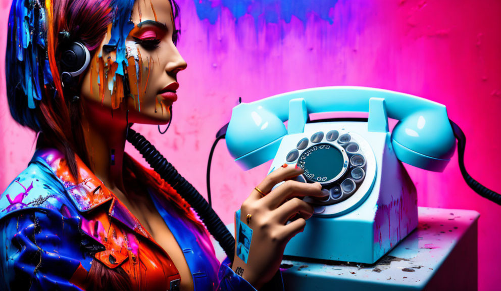 Colorful makeup woman with headphones holding vintage phone on vibrant background