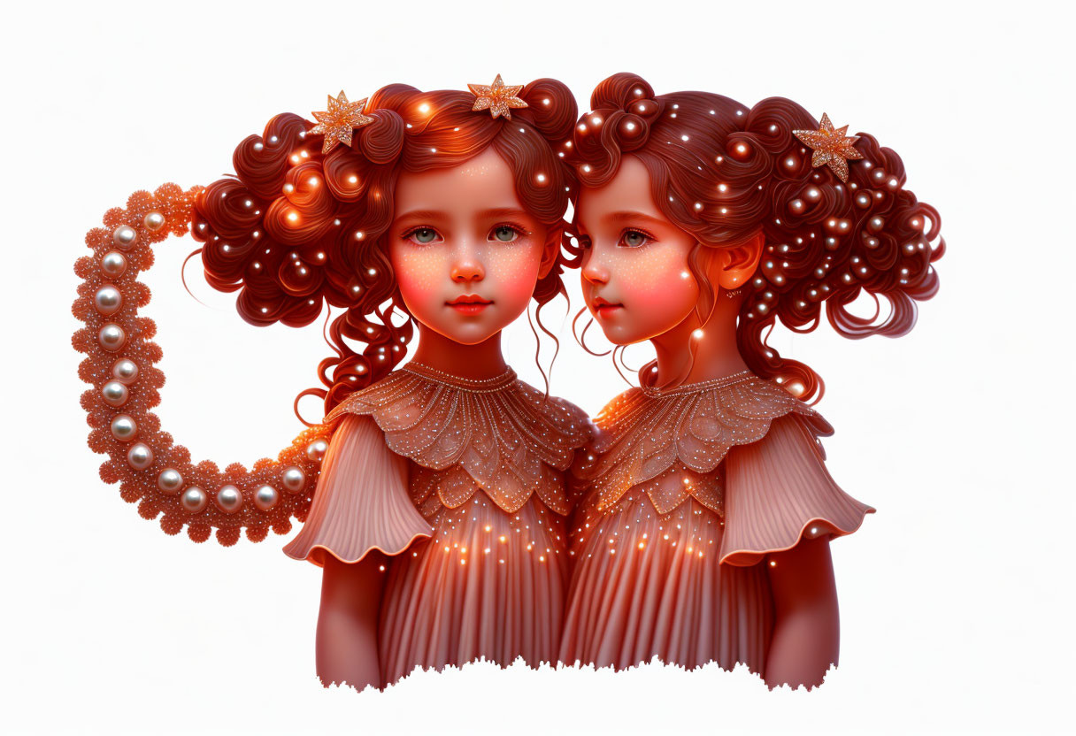 Stylized digital artwork: Two girls with curly red hair in heart shape on white background