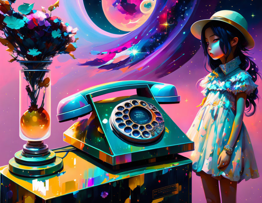 Girl in hat with vintage phone and flowers in cosmic background.