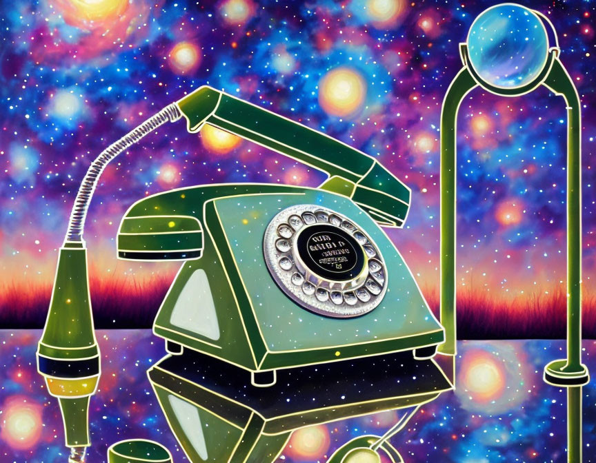 Vintage Green Rotary Phone with Cosmic Starfield Background and Matching Lava Lamp