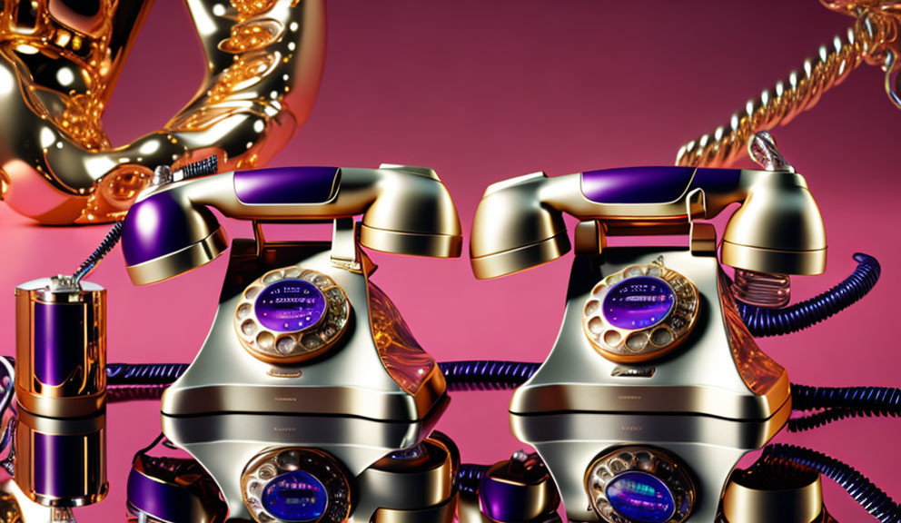 Vintage-style gold and purple telephones on luxurious pink and gold background