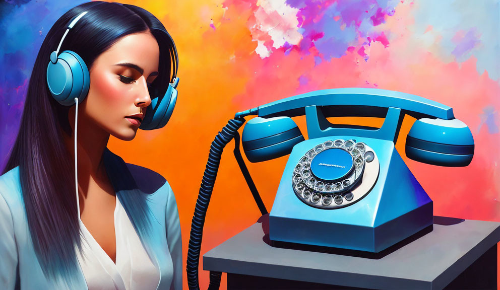 Colorful Artwork: Woman with Headphones and Rotary Phone on Vibrant Background
