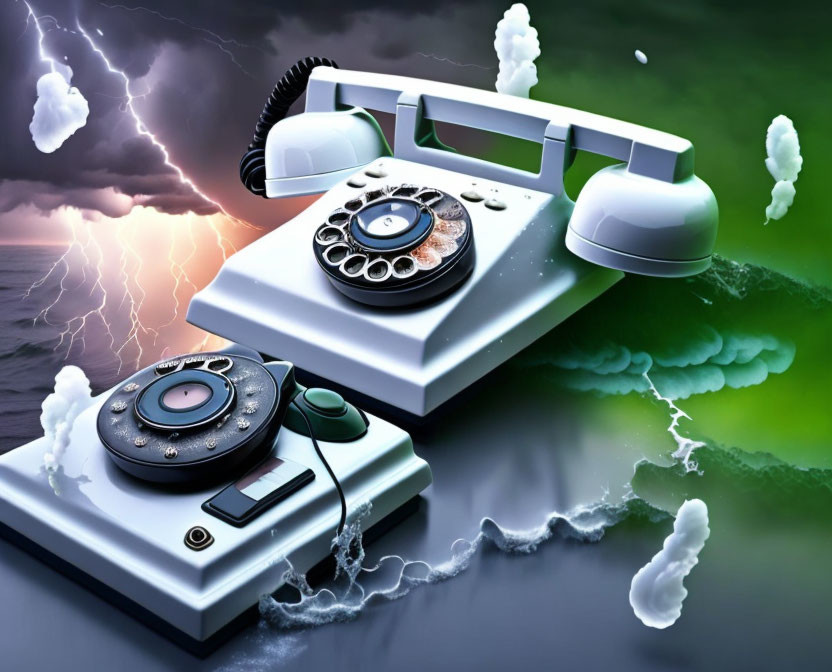 Fragmented vintage rotary telephones float above stormy water with lightning in surreal artwork