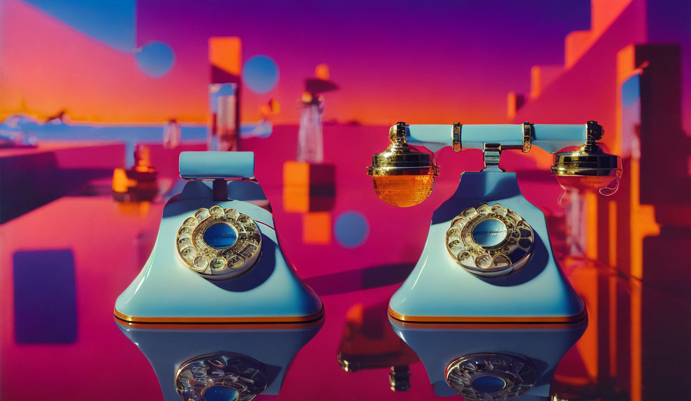 Classic Blue and White Rotary Phones on Reflective Surface with Geometric Shapes and Silhouette