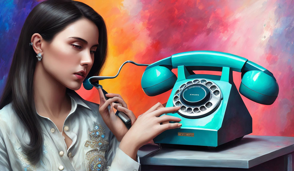 Dark-haired woman holding vintage teal rotary phone against colorful abstract background
