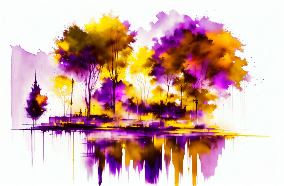 Autumn Trees Watercolor Painting with Yellow and Purple Hues